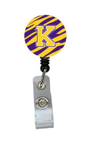 CJ1022-K-BR Tiger Stripe - Purple Gold Initial K Monogram Initial Retractable Badge Reel or ID Holder with Clip