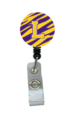 CJ1022-L-BR Tiger Stripe - Purple Gold Initial L Monogram Initial Retractable Badge Reel or ID Holder with Clip