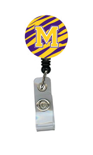 CJ1022-M-BR Tiger Stripe - Purple Gold Initial M Monogram Initial Retractable Badge Reel or ID Holder with Clip