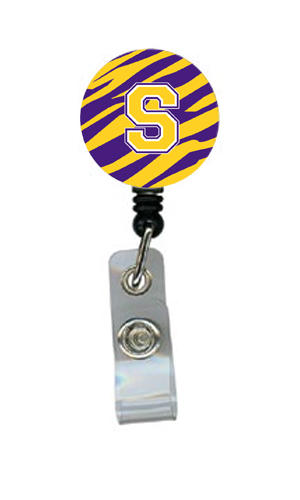 CJ1022-S-BR Tiger Stripe - Purple Gold Initial S Monogram Initial Retractable Badge Reel or ID Holder with Clip