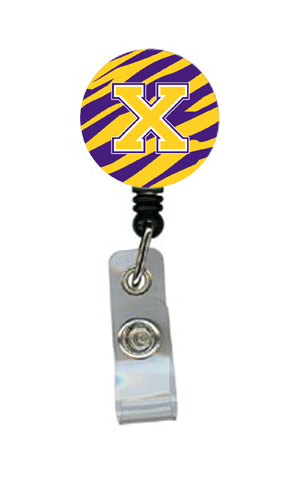 CJ1022-X-BR Tiger Stripe - Purple Gold Initial X Monogram Initial Retractable Badge Reel or ID Holder with Clip
