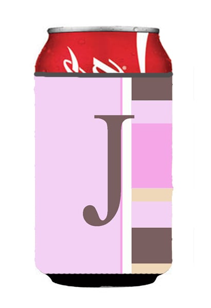 CJ1005-JCC Letter J Initial Monogram - Pink Stripes Can or Bottle  Hugger