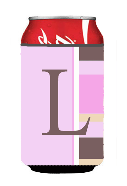 Letter L Initial Monogram - Pink Stripes Can or Bottle  Hugger