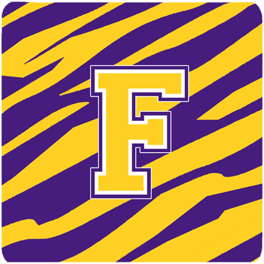 Monogram - Initial F Tiger Stripe - Purple Gold Foam Coasters, Set - 4