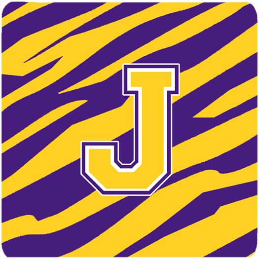 Monogram - Initial J Tiger Stripe - Purple Gold Foam Coasters, Set - 4