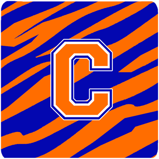 Monogram - Tiger Stripe - Blue Orange Foam Coasters Initial Letter C, Set - 4