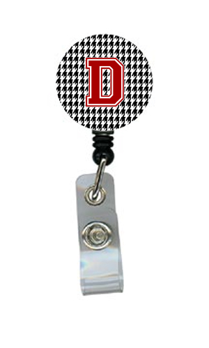 CJ1021-D-BR Houndstooth Black Initial D Monogram Initial Retractable Badge Reel or ID Holder with Clip
