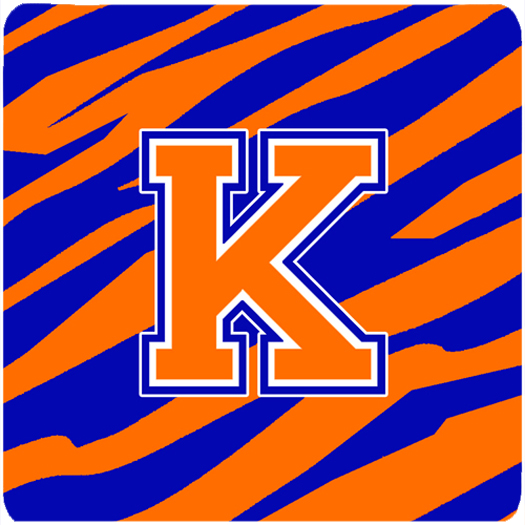 CJ1023-KFC Monogram - Tiger Stripe - Blue Orange Foam Coasters- Initial Letter K - Set 4- 3.5 x 3.5 In.