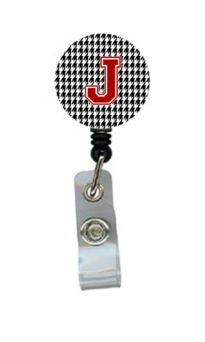 Houndstooth Black Initial J Monogram Initial Retractable Badge Reel Or Id Holder With Clip