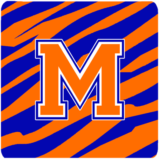 CJ1023-MFC Monogram - Tiger Stripe - Blue Orange Foam Coasters- Initial Letter M - Set 4- 3.5 x 3.5 In.