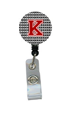 Houndstooth Black Initial K Monogram Initial Retractable Badge Reel Or Id Holder With Clip
