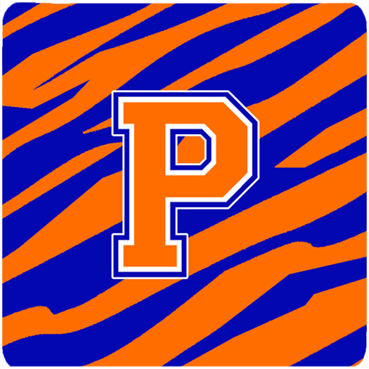CJ1023-PFC Monogram - Tiger Stripe - Blue Orange Foam Coasters- Initial Letter P - Set 4- 3.5 x 3.5 In.