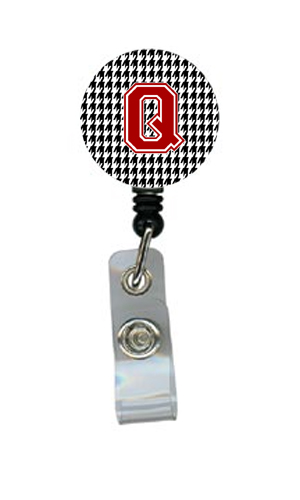 CJ1021-Q-BR Houndstooth Black Initial Q Monogram Initial Retractable Badge Reel Or Id Holder With Clip