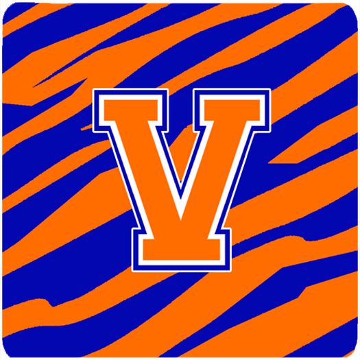 CJ1023-VFC Monogram - Tiger Stripe - Blue Orange Foam Coasters- Initial Letter V - Set 4- 3.5 x 3.5 In.