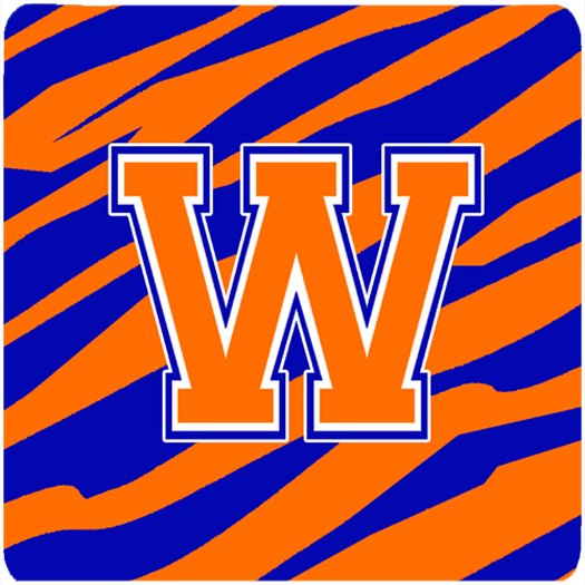 Monogram - Tiger Stripe - Blue Orange Foam Coasters, Initial Letter W - Set 4, 3.5 x 3.5 In.