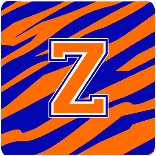 Monogram - Tiger Stripe - Blue Orange Foam Coasters, Initial Letter Z - Set 4, 3.5 x 3.5 In.
