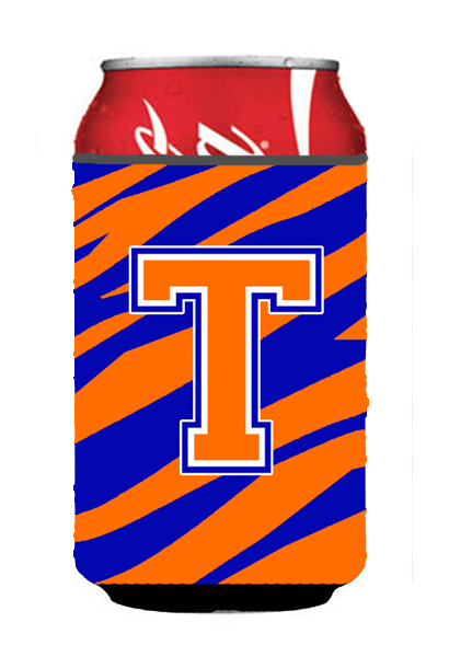 CJ1023-TCC Letter T Initial Monogram - Tiger Stripe - Blue Orange Can Or Bottle Hugger