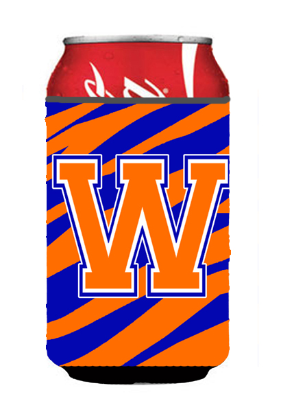 Letter W Initial Monogram - Tiger Stripe - Blue Orange Can Or Bottle Hugger