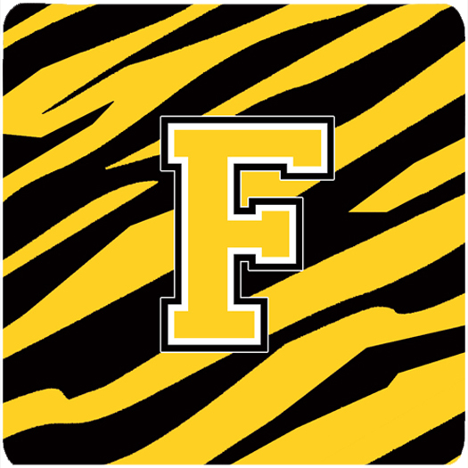 CJ1026-FFC Monogram - Tiger Stripe - Black Gold Foam Coasters- Initial Letter F - Set 4- 3.5 x 3.5 In.