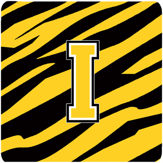 CJ1026-IFC Monogram - Tiger Stripe - Black Gold Foam Coasters- Initial Letter I - Set 4- 3.5 x 3.5 In.