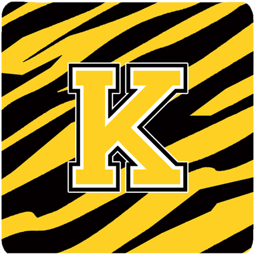 CJ1026-KFC Monogram - Tiger Stripe - Black Gold Foam Coasters- Initial Letter K - Set 4- 3.5 x 3.5 In.
