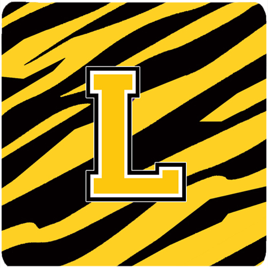 CJ1026-LFC Monogram - Tiger Stripe - Black Gold Foam Coasters- Initial Letter L - Set 4- 3.5 x 3.5 In.