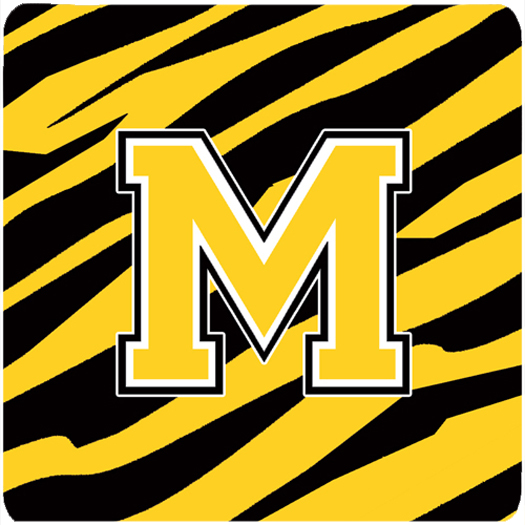 CJ1026-MFC Monogram - Tiger Stripe - Black Gold Foam Coasters- Initial Letter M - Set 4- 3.5 x 3.5 In.
