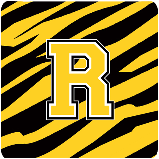 CJ1026-RFC Monogram - Tiger Stripe - Black Gold Foam Coasters- Initial Letter R - Set 4- 3.5 x 3.5 In.