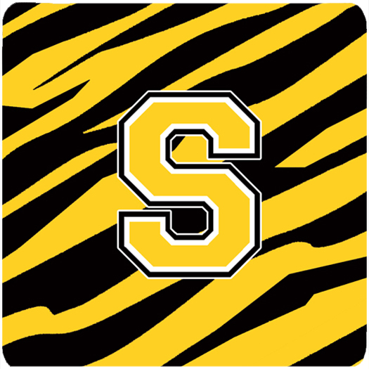 CJ1026-SFC Monogram - Tiger Stripe - Black Gold Foam Coasters- Initial Letter S - Set 4- 3.5 x 3.5 In.