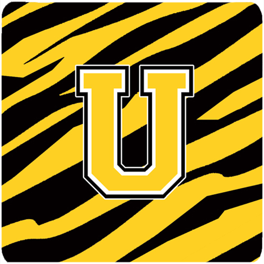 CJ1026-UFC Monogram - Tiger Stripe - Black Gold Foam Coasters- Initial Letter U - Set 4- 3.5 x 3.5 In.