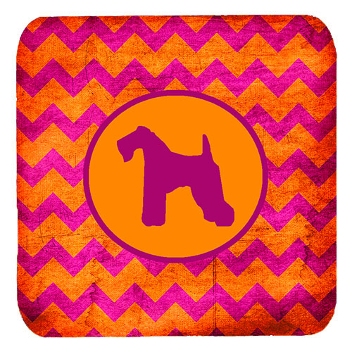 SDK1042-B-FC Kerry Blue Terrier Chevron Pink And Orange Foam Coasters - Set 4- 3.5 x 3.5 In.