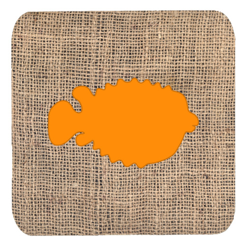 Fish - Blowfish Burlap And Orange Foam Coasters - Set 4, 3.5 x 3.5 In.