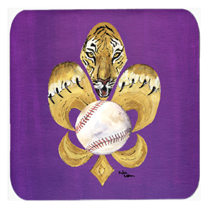 Tiger Fleur De Lis Baseball Foam Coasters - Set 4, 3.5 x 3.5 In.