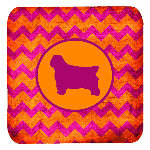 Clumber Spaniel Chevron Pink And Orange Foam Coasters, Set Of 4