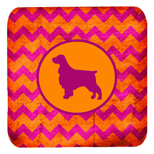 Field Spaniel Chevron Pink And Orange Foam Coasters- Set Of 4