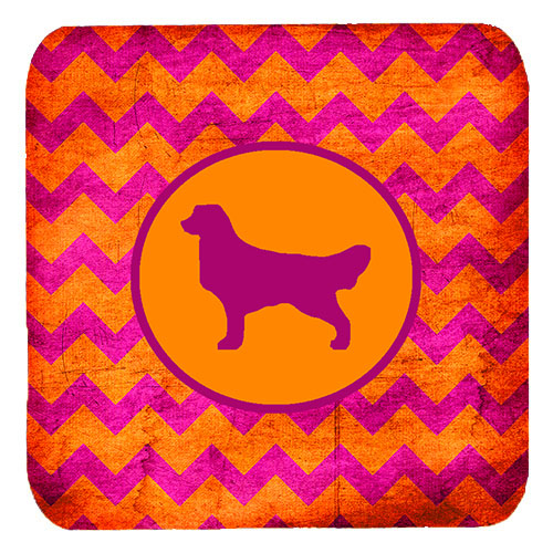 SDK1033-B-FC Golden Retriever Chevron Pink And Orange Foam Coasters- Set Of 4
