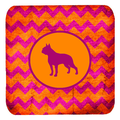 Boston Terrier Chevron Pink And Orange Foam Coasters- Set Of 4