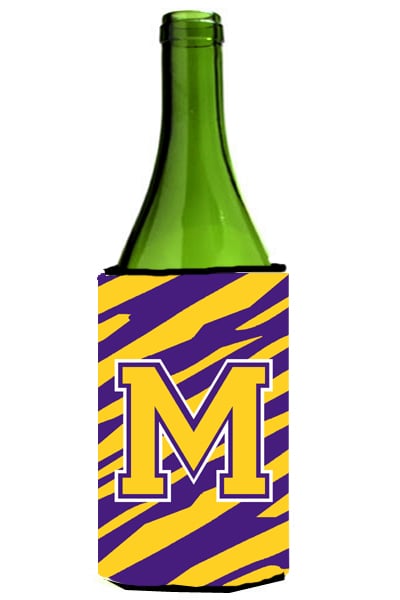 Picture of Carolines Treasures CJ1022-MLITERK Tiger Stripe - Purple Gold Monogram Initial M Wine Bottle  Hugger