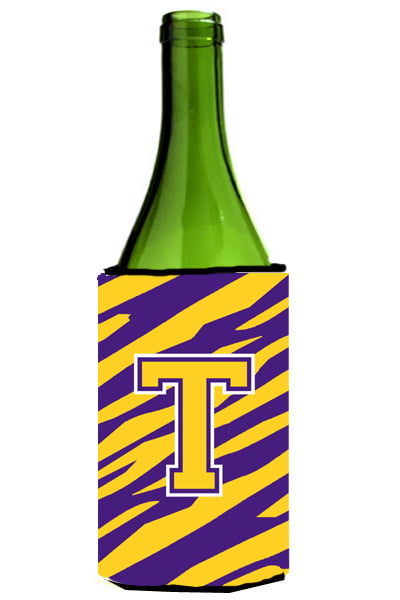 Picture of Carolines Treasures CJ1022-TLITERK Tiger Stripe - Purple Gold Monogram Initial T Wine Bottle  Hugger
