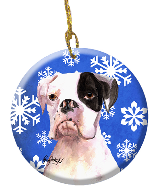 RDR3003CO1 Cooper Winter Snowflakes Boxer Ceramic Ornament