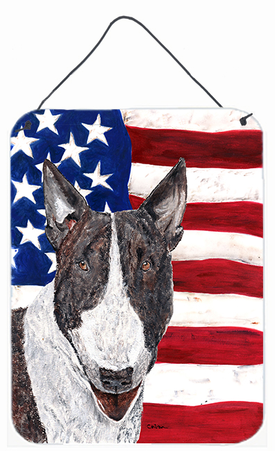 SC9519DS1216 8 x 12 In. Bull Terrier USA American Flag Aluminium Metal Wall or Door Hanging Prints