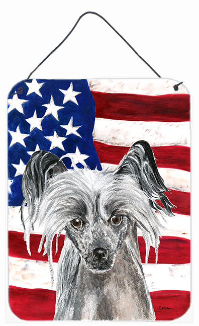 SC9522DS1216 8 x 12 In. Chinese Crested USA American Flag Aluminium Metal Wall or Door Hanging Prints