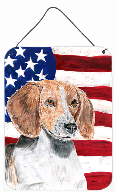 SC9523DS1216 8 x 12 In. English Foxhound USA American Flag Aluminium Metal Wall or Door Hanging Prints
