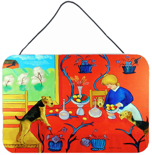 Picture of Carolines Treasures 7212DS812 8 x 12 in. Airedale Terrier with Lady in the Kitchen Aluminium Metal Wall or Door Hanging Print