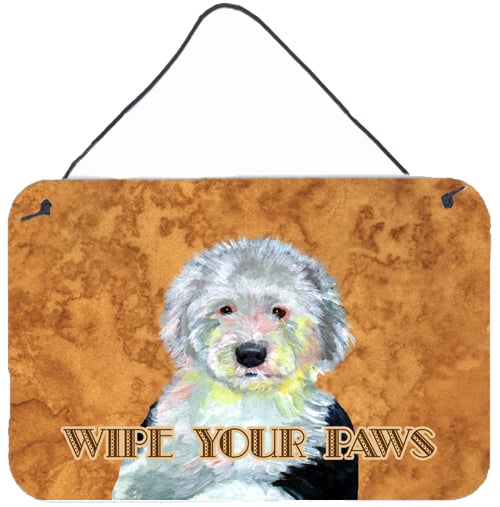 LH9457DS812 8 x 12 in. Old English Sheepdog Wipe Your Paws Aluminium Metal Wall or Door Hanging Print