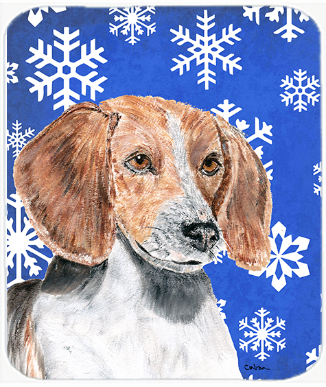 English Foxhound Blue Snowflake Winter Glass Cutting Board- Large