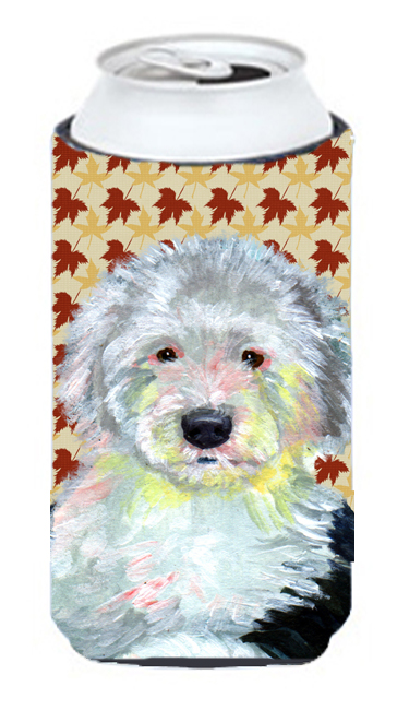 LH9126TBC Old English Sheepdog Fall Leaves Portrait Tall Boy   Hugger