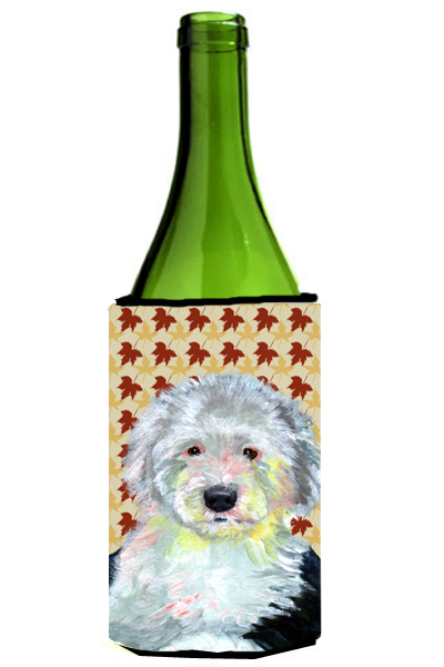LH9126LITERK Old English Sheepdog Fall Leaves Portrait Wine Bottle Hugger