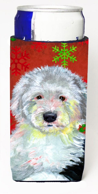 LH9351MUK Old English Sheepdog Red Green Snowflakes Holiday Christmas Michelob Ultra s for slim cans