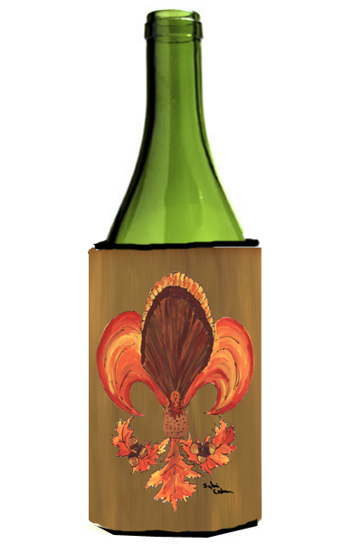 Picture of Carolines Treasures 8184LITERK Thanksgiving Turkey And Fall Leaves Fleur De Lis Wine Bottle  Hugger - 24 oz.